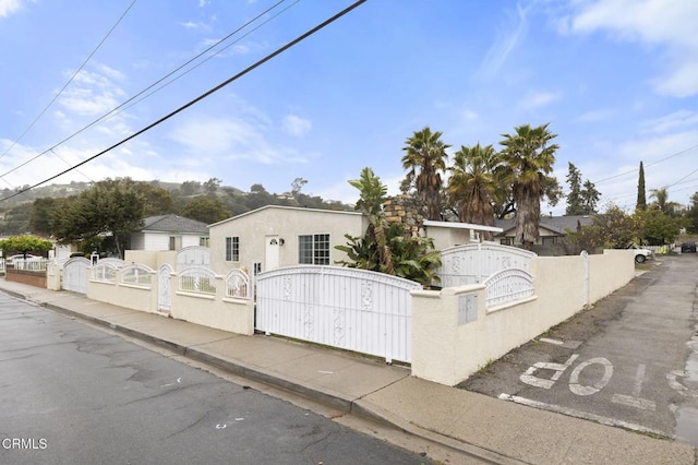 view of front of property with a fenced front yard, stucco siding, and a gate