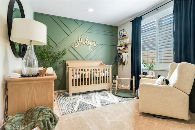 6288 Barb Way, Jurupa Valley, CA 92509 - bedroom featuring a decorative wall, a crib, recessed lighting, and baseboards