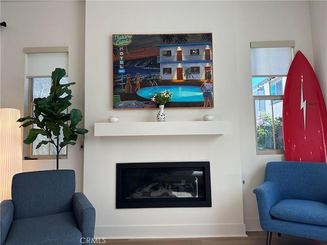 31937 Via Encima, San Juan Capistrano, CA 92675 - living room featuring a glass covered fireplace, wood finished floors, and baseboards