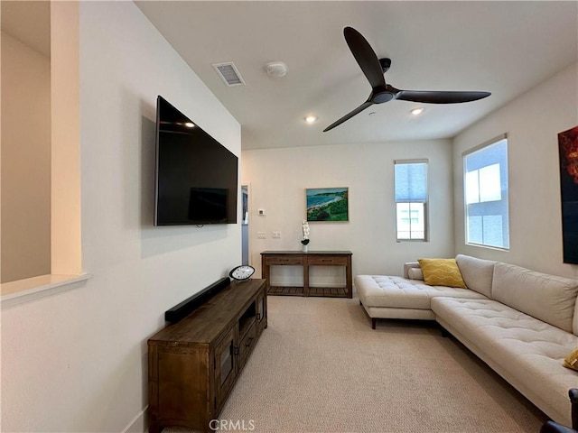 31937 Via Encima, San Juan Capistrano, CA 92675 - living room featuring ceiling fan, recessed lighting, light colored carpet, and baseboards