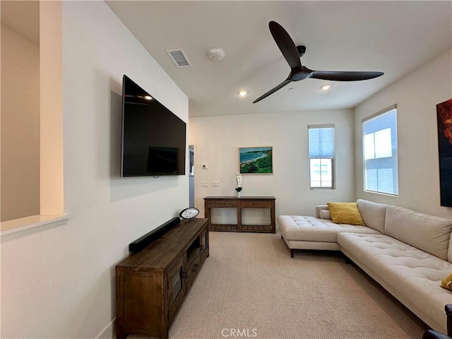 31937 Via Encima, San Juan Capistrano, CA 92675 - living area featuring a ceiling fan, recessed lighting, light colored carpet, and baseboards