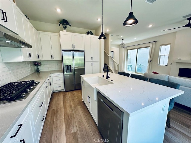 31937 Via Encima, San Juan Capistrano, CA 92675 - kitchen featuring appliances with stainless steel finishes, a sink, open floor plan, under cabinet range hood, and wood finished floors