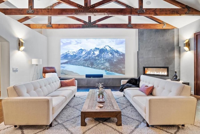 24949 Thunder Mountain Rd, Ramona, CA 92065 - living room with lofted ceiling with beams and a fireplace