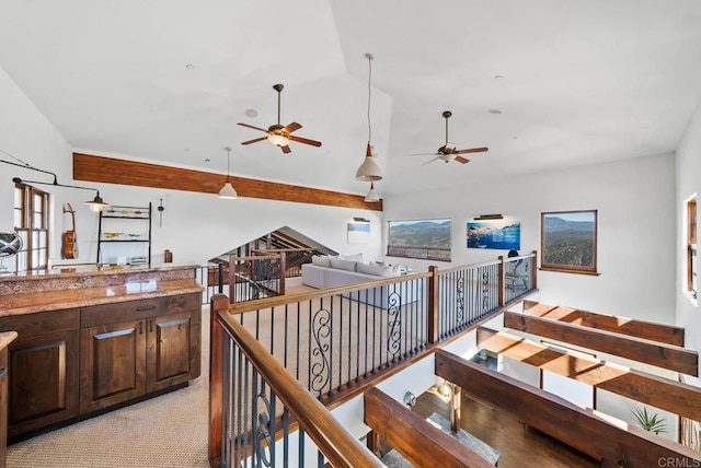 24949 Thunder Mountain Rd, Ramona, CA 92065 - hall with light carpet, lofted ceiling, and an upstairs landing