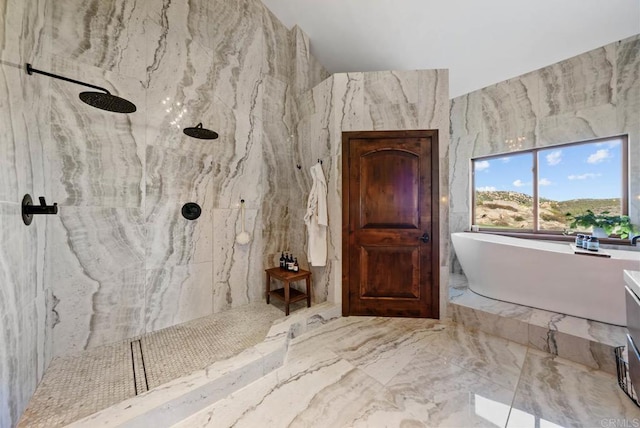 24949 Thunder Mountain Rd, Ramona, CA 92065 - full bathroom with a marble finish shower, marble finish floor, and a freestanding tub