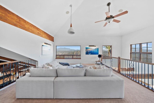 24949 Thunder Mountain Rd, Ramona, CA 92065 - living area featuring high vaulted ceiling, carpet floors, and ceiling fan