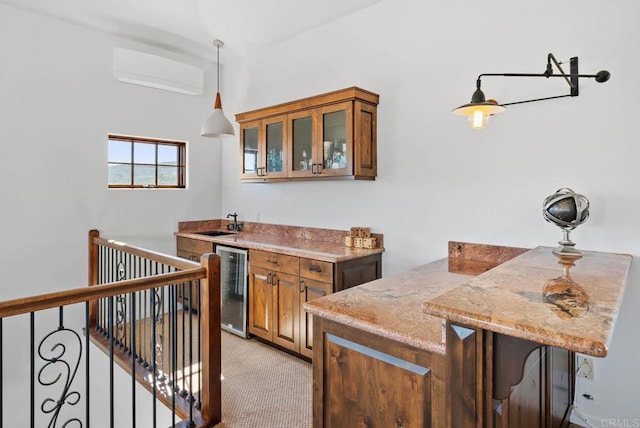 24949 Thunder Mountain Rd, Ramona, CA 92065 - bar featuring a wall mounted AC, a sink, wine cooler, pendant lighting, and light colored carpet