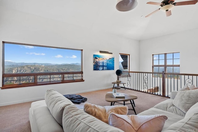24949 Thunder Mountain Rd, Ramona, CA 92065 - living room featuring high vaulted ceiling, ceiling fan, baseboards, and carpet