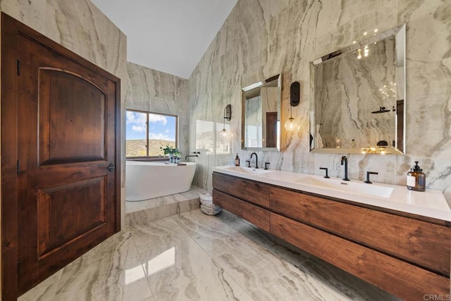 24949 Thunder Mountain Rd, Ramona, CA 92065 - full bathroom with a freestanding bath, marble finish floor, a marble finish shower, and a sink