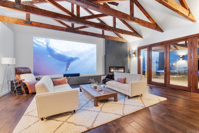 24949 Thunder Mountain Rd, Ramona, CA 92065 - living room featuring hardwood / wood-style floors, beamed ceiling, and a large fireplace