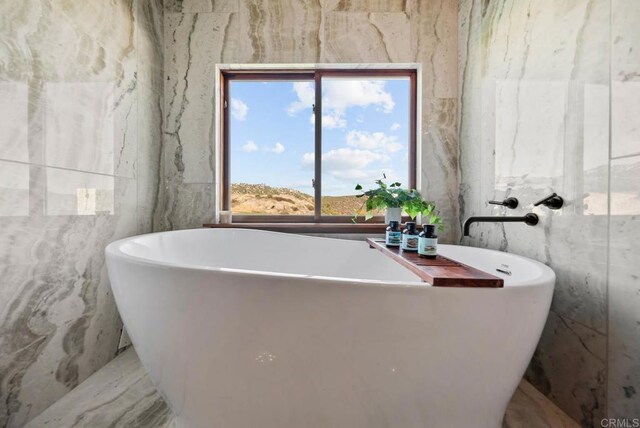24949 Thunder Mountain Rd, Ramona, CA 92065 - bathroom with tile walls and a freestanding tub