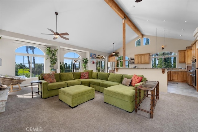 2913 Harris Dr, Vista, CA 92084 - living area featuring ceiling fan, high vaulted ceiling, beamed ceiling, and light colored carpet