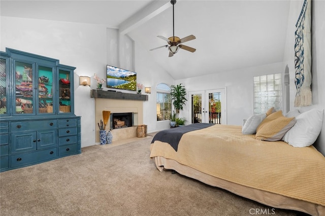 2913 Harris Dr, Vista, CA 92084 - bedroom featuring beamed ceiling, a fireplace, access to exterior, carpet floors, and french doors