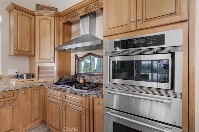 2913 Harris Dr, Vista, CA 92084 - kitchen featuring stainless steel appliances, wall chimney exhaust hood, and stone countertops