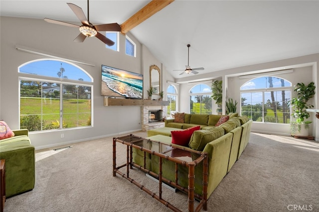2913 Harris Dr, Vista, CA 92084 - living room featuring carpet floors, visible vents, plenty of natural light, beamed ceiling, and ceiling fan