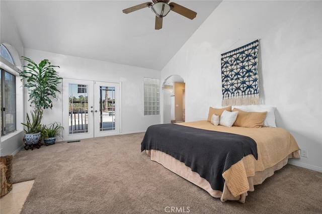 2913 Harris Dr, Vista, CA 92084 - carpeted bedroom with french doors, high vaulted ceiling, access to outside, arched walkways, and a ceiling fan