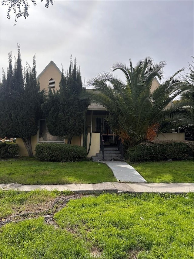 view of property hidden behind natural elements featuring stucco siding and a front lawn