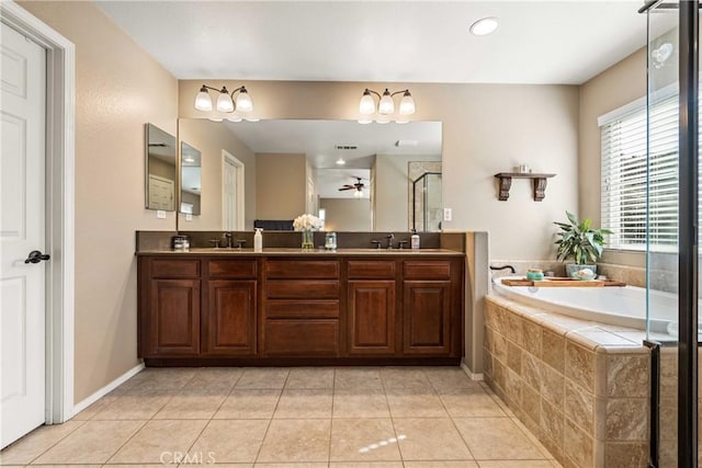 full bath with a garden tub, a stall shower, a sink, and ceiling fan