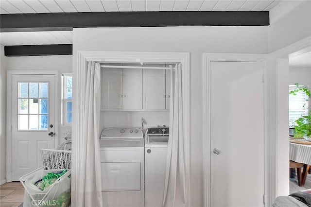 1027 W Durness St, West Covina, CA 91790 - washroom featuring washing machine and dryer, cabinet space, and wooden ceiling