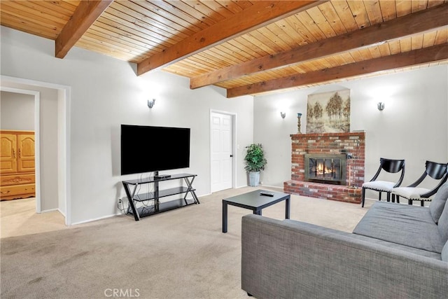 272 Fairway Dr, Lake Arrowhead, CA 92352 - living area with carpet floors, a wooden ceiling with exposed beams, and a fireplace
