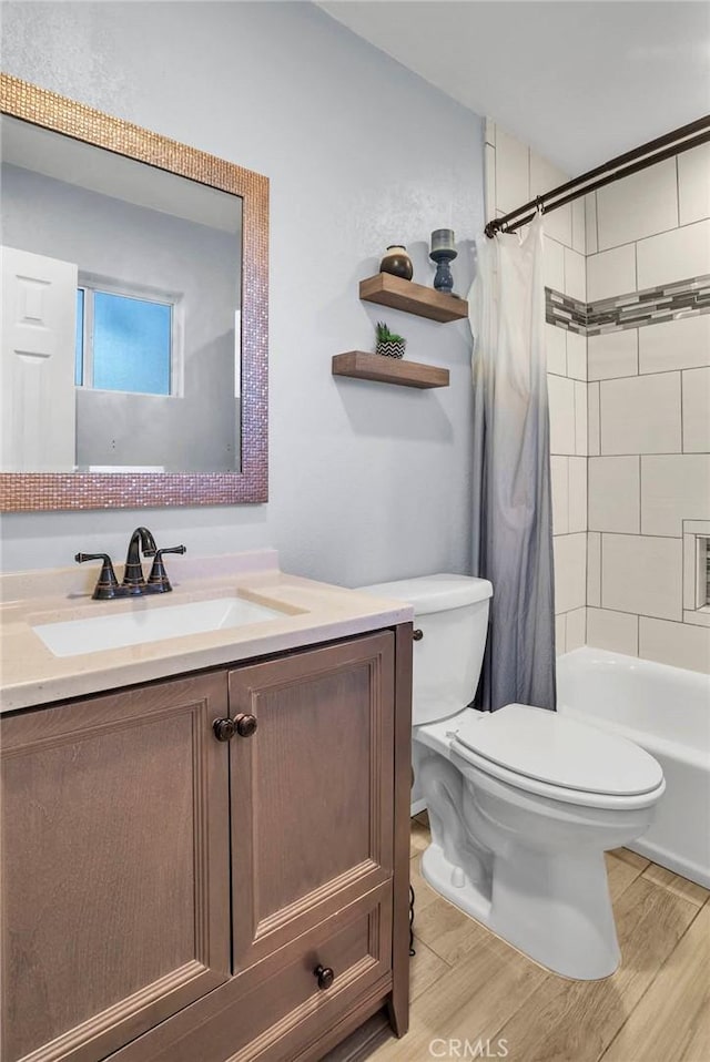 272 Fairway Dr, Lake Arrowhead, CA 92352 - bathroom featuring vanity, wood finished floors, and shower / bath combo with shower curtain