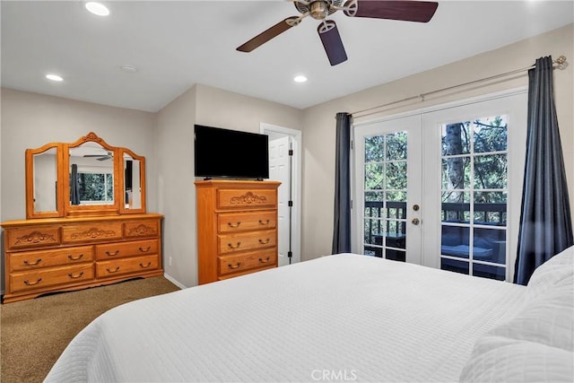 272 Fairway Dr, Lake Arrowhead, CA 92352 - carpeted bedroom featuring access to exterior, french doors, recessed lighting, and ceiling fan