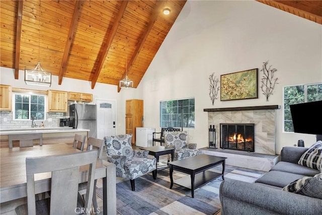 272 Fairway Dr, Lake Arrowhead, CA 92352 - living area with high vaulted ceiling, a wood ceiling with exposed beams, and a tile fireplace
