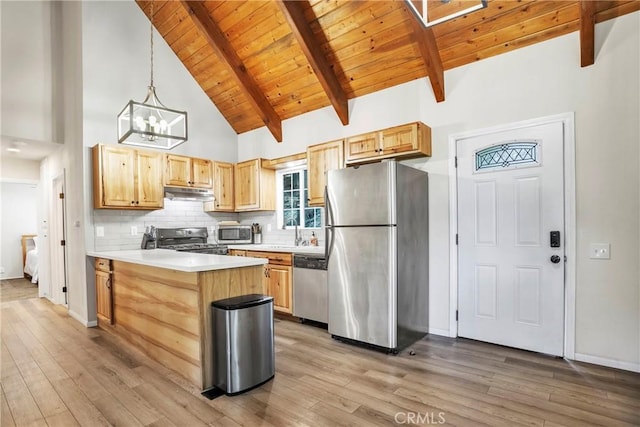 272 Fairway Dr, Lake Arrowhead, CA 92352 - kitchen with stainless steel appliances, under cabinet range hood, light wood-type flooring, a wood ceiling with exposed beams, and tasteful backsplash