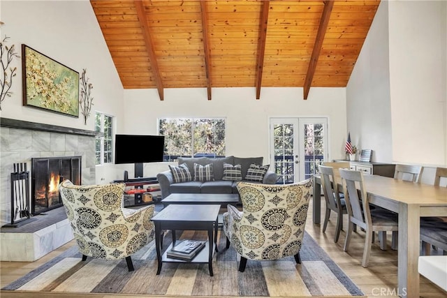 272 Fairway Dr, Lake Arrowhead, CA 92352 - living room featuring wood finished floors, a wood ceiling with exposed beams, french doors, a tiled fireplace, and high vaulted ceiling