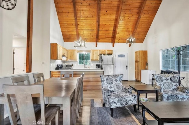 272 Fairway Dr, Lake Arrowhead, CA 92352 - dining space featuring high vaulted ceiling, light wood-style flooring, and a wood ceiling with exposed beams