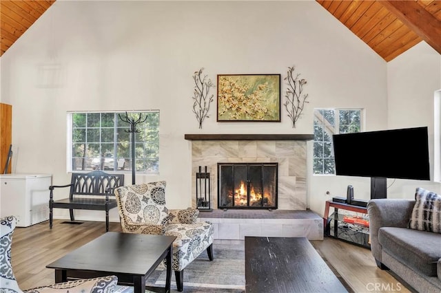 272 Fairway Dr, Lake Arrowhead, CA 92352 - living area with a wooden ceiling with exposed beams, wood finished floors, high vaulted ceiling, and a tile fireplace