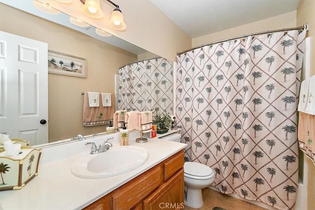 718 Cherry St, Corona, CA 92881 - bathroom with tile patterned flooring, curtained shower, toilet, and vanity