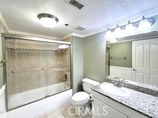 838 Pine Ave Unit 510, Long Beach, CA 90813 - full bathroom featuring crown molding, toilet, vanity, combined bath / shower with glass door, and tile patterned floors