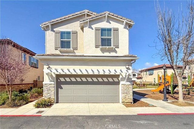 1437 Girona Dr, Pomona, CA 91766 - view of front of property with a garage, stone siding, and stucco siding