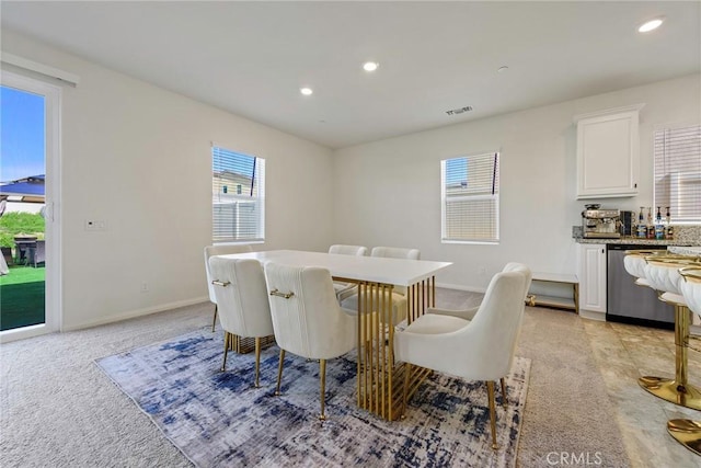 19568 Sunkissed Ridge Dr, Riverside, CA 92507 - dining space with recessed lighting, baseboards, bar area, and light colored carpet