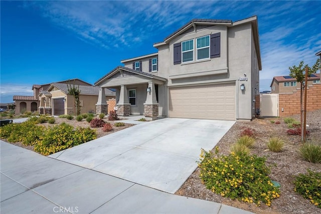 19568 Sunkissed Ridge Dr, Riverside, CA 92507 - craftsman inspired home with stucco siding, a garage, fence, concrete driveway, and a porch
