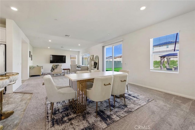 19568 Sunkissed Ridge Dr, Riverside, CA 92507 - dining space with recessed lighting, light colored carpet, and baseboards