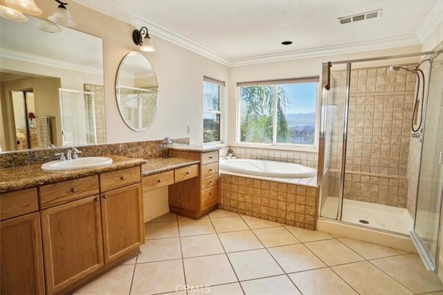 29086 Madrid Pl, Castaic, CA 91384 - bathroom featuring a bath, visible vents, tile patterned flooring, a stall shower, and vanity