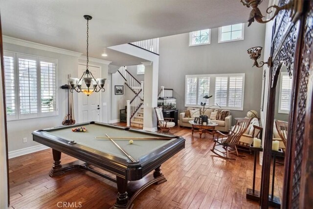 29086 Madrid Pl, Castaic, CA 91384 - playroom with billiards, baseboards, ornamental molding, and hardwood / wood-style flooring