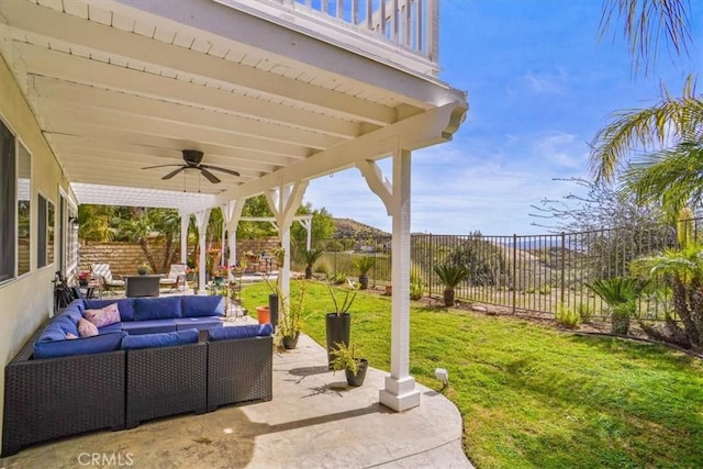 29086 Madrid Pl, Castaic, CA 91384 - view of patio / terrace featuring a fenced backyard, ceiling fan, and outdoor lounge area