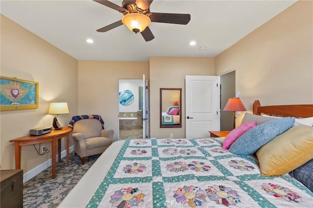 bedroom with baseboards, recessed lighting, a ceiling fan, and ensuite bath
