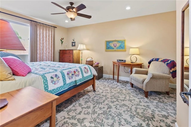 bedroom featuring recessed lighting, ceiling fan, carpet floors, and baseboards