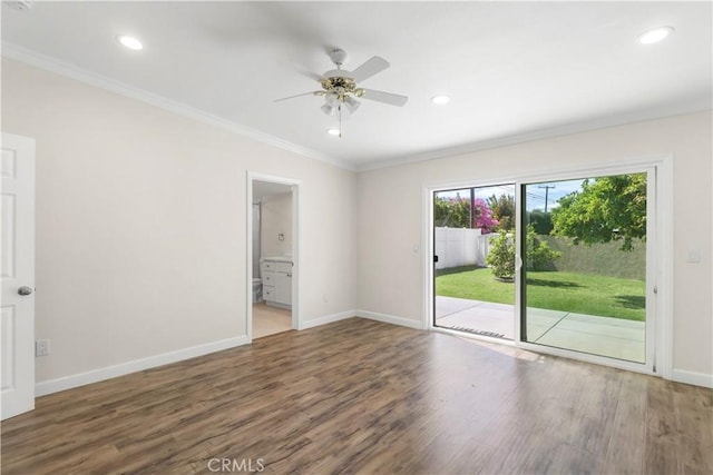 unfurnished room featuring crown molding, baseboards, recessed lighting, and wood finished floors