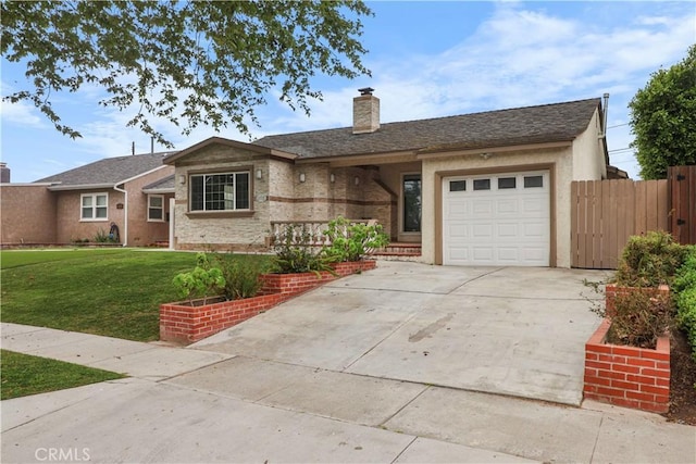 ranch-style home featuring fence, a front lawn, a chimney, a garage, and driveway