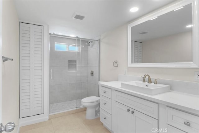 full bath featuring a closet, vanity, visible vents, toilet, and a stall shower