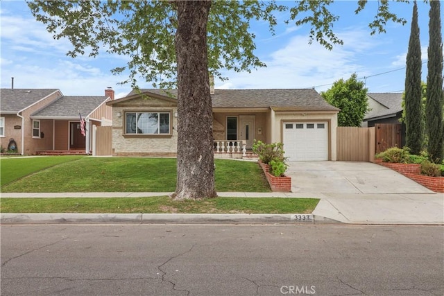 single story home featuring covered porch, fence, a front lawn, a garage, and driveway