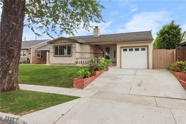 single story home featuring concrete driveway, a chimney, a front yard, a garage, and fence
