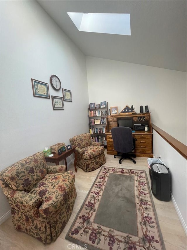 18269 Sanmian Ct, Fountain Valley, CA 92708 - home office with a skylight, lofted ceiling, and baseboards