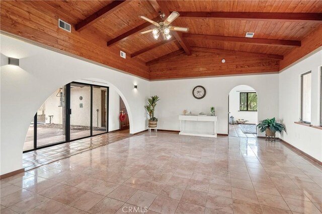 13155 San Antonio Rd, Atascadero, CA 93422 - unfurnished living room with arched walkways, visible vents, beamed ceiling, and wooden ceiling