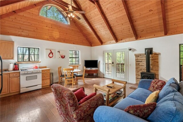13155 San Antonio Rd, Atascadero, CA 93422 - living room with a ceiling fan, a healthy amount of sunlight, a wood stove, and hardwood / wood-style flooring